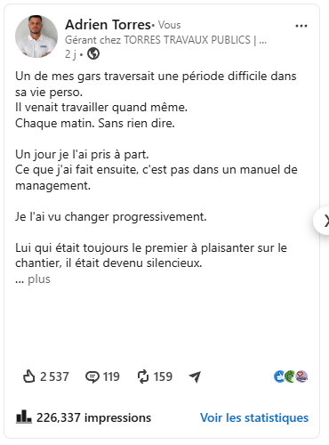 Post LinkedIn d'Adrien Torres affichant 226 337 impressions et des réactions de son audience