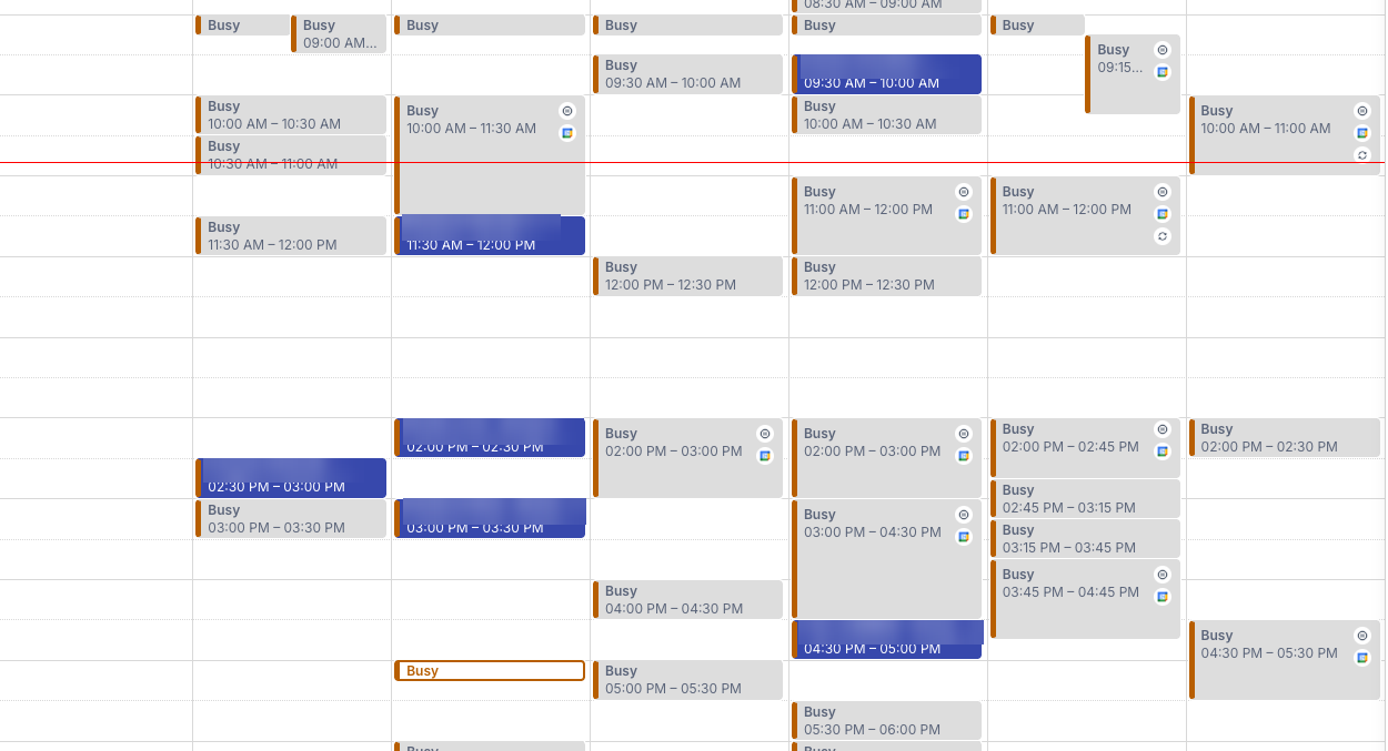 One week of calendar: busy slots in grey, meetings booked by our team in blue. Names blurred.