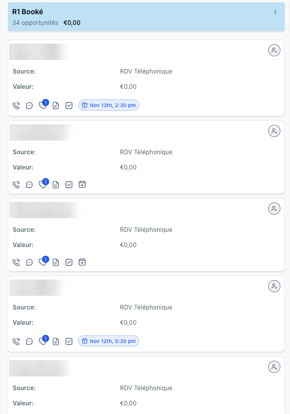 The “R1 booked” column of our CRM: 34 opportunities, source phone appointment. Names blurred.