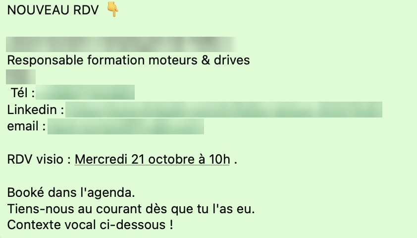 Delivery message for a free meeting: decision-maker’s role, video call slot, booked in the calendar. Contact details blurred.